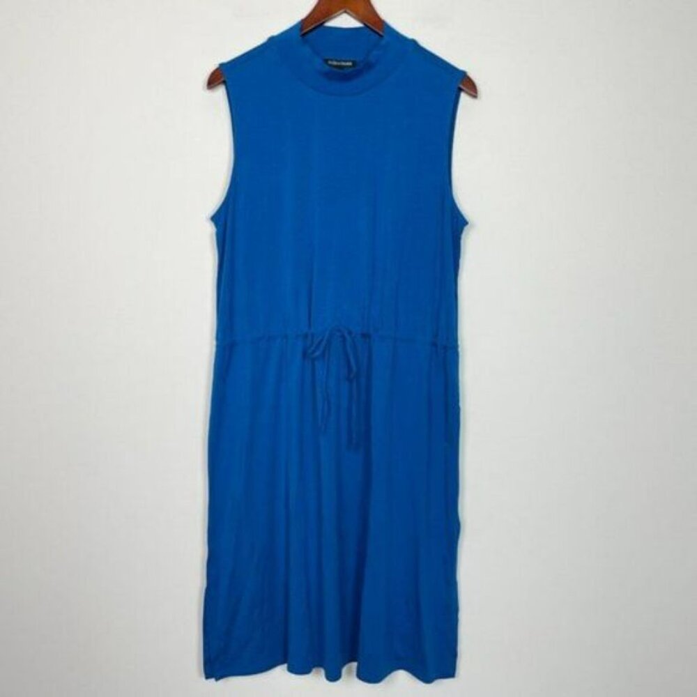 Eileen Fisher Mock Neck Tie Waist Sleeveless Knee Length Dress Marine Blue L - Picture 2 of 9